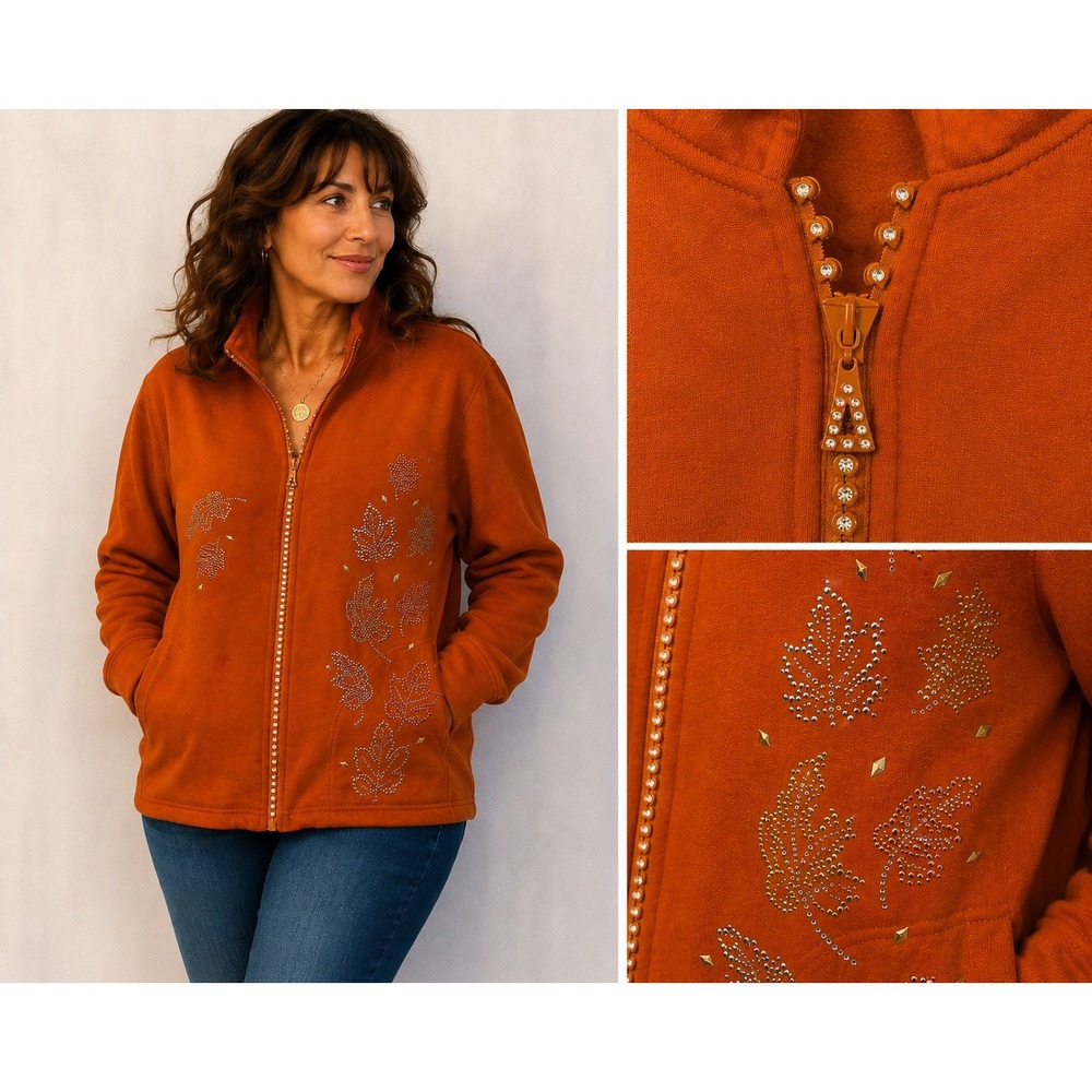 S 141 Isaac's Design Y2K Rhinestone Leaf Embellished Zip Sweatshirt Jacket Bling